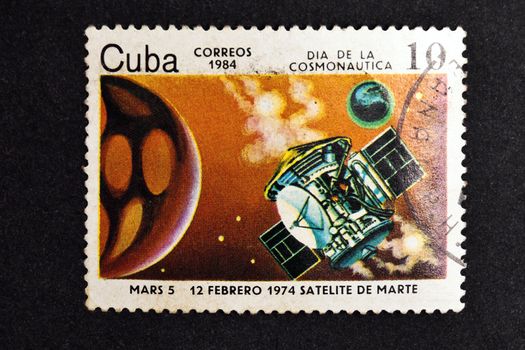 CUBA CIRCA 1984: stamp printed by CUBA, shows Cosmonautics Day - February 12, 1974 Mars 5 satellite of Mars, CIRCA 1984