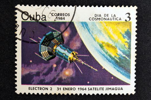 CUBA CIRCA 1984: stamp printed by CUBA, shows Cosmonautics Day - Electron-2 satellite Jimagua January 31, 1964, CIRCA 1984