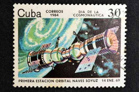 CUBA CIRCA 1984: stamp printed by CUBA, shows Cosmonautics Day - The first spacecraft Soyuz space station January 14, CIRCA 1984