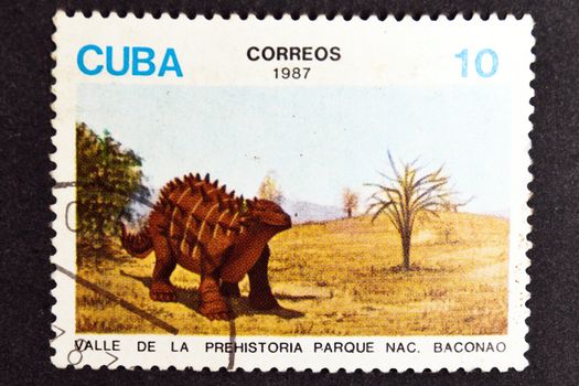 CUBA CIRCA 1987: stamp printed by CUBA, shows dinosaurs - Prehistory birth of Valley Park Baconao , CIRCA 1987