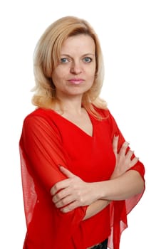 serious woman in a red blouse on a white background
