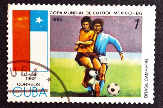 CUBA CIRCA 1985: stamp printed by CUBA, shows Football World Cup Mexico-86 - Champion of Brazil - Chile, 1962 , CIRCA 1985