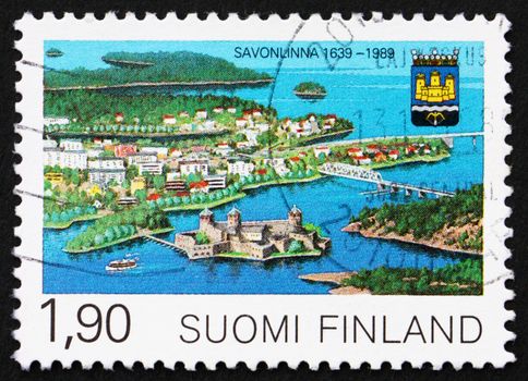 FINLAND - CIRCA 1989: a stamp printed in the Finland shows View of Savonlinna, 350th Anniversary of Savonlinna Municipal Charter, circa 1989