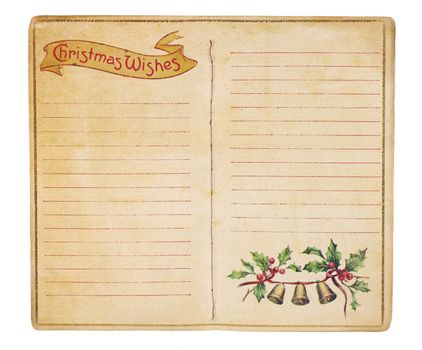 An aging Christmas wish list memo book opened to reveal blank, lined pages. Isolated on white with clipping path.