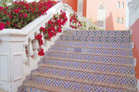 Courtyard of mediterranean villa with ceramic tile walkway and blooming bushes in Egypt            