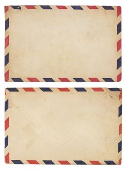 The front and back of an aging airmail envelope with red and blue striped border. Isolated on white with clipping path.