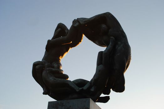 A sculpture in Frogner Park (Frognerparken), a public park located in the borough of Frogner in Oslo, Norway. The park contains the world famous Vigeland Sculpture Park (Vigelandsanlegget) designed by Gustav Vigeland.