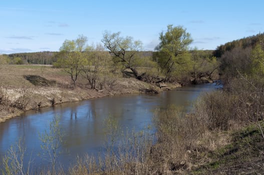 Beach a small river Koloksha in the spring time, middle Russia