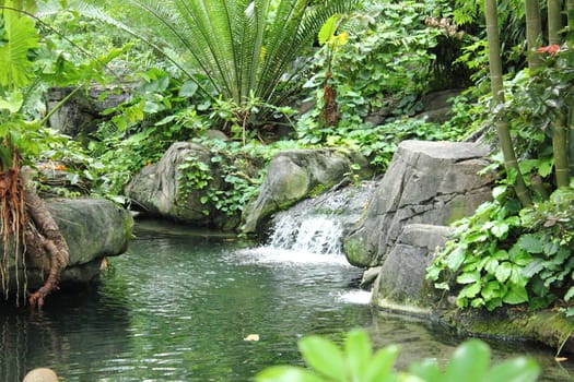 A serene, peaceful tropical waterfall and pond.