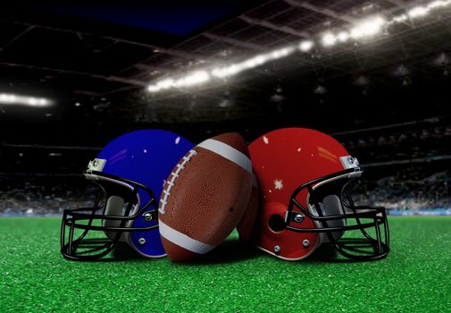 American football and helmet on field with stadium background