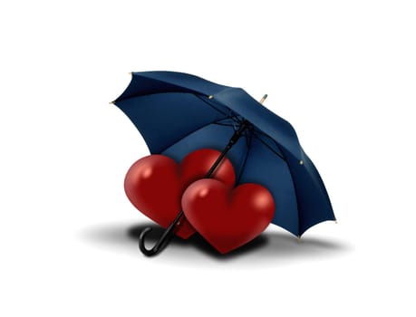 Two heart resting under blue umbrella