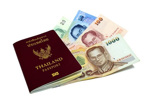 Thailand paper currency and coins isolated over white