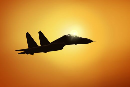 Jet fighter with bright sun background