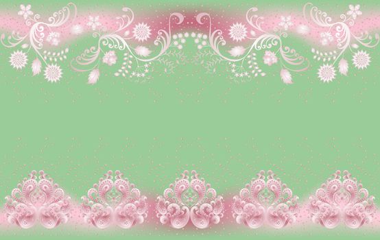 reen background decorated with a pink pattern in the Baroque style