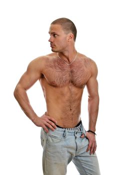 Attractive shirtless male in jeans, isolated on white