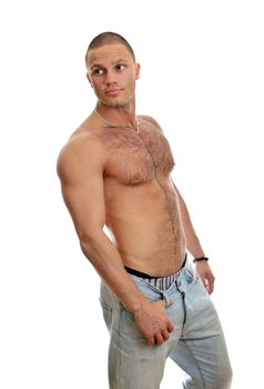 Attractive shirtless male in jeans, isolated on white