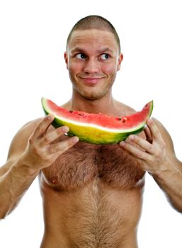 Muscular man holding watermelon. Isolated on white