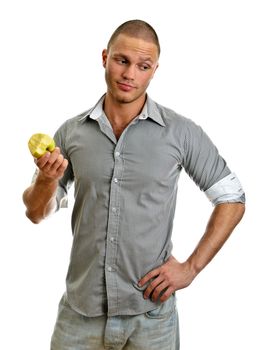 Man eating an apple. Isolated on white.