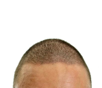 Closeup of mans head. Isolated on white.