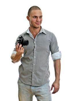 Man with retro camera. Isolated on white.