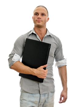 Young man wih laptop. Isolated on white background.