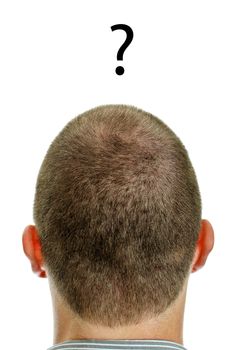 Closeup of mans head with question. Isolated on white.