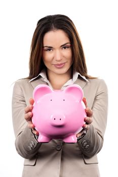 Cute woman with piggy bank on white background