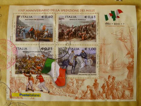 ITALY, CIRCA 2011 - the 150th anniversary of Italy as a united country (1861-2011) is celebrated by depicting some historical facts which lead to political unity on a series of mail stamps in Italy, circa 2011