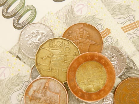 Czech korunas CZK (legal tender of the Czech Republic) banknotes and coins