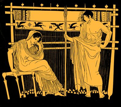 Penelope resting by the loom with a male figure (Telemachus?) - illustration based on a 5th Century BC clay pot from Greece