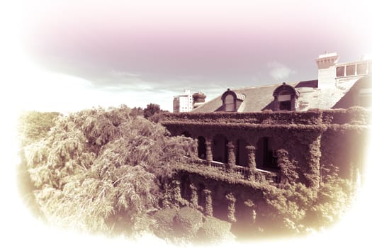 Artistic faded image of an old double storey house in Tasmania with verandahs covered with creepers to roof height