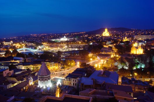 Night view of Tbilisi Old town with ancient churches, castle and president palace