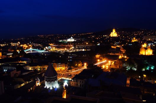 Night view of Tbilisi Old town with ancient churches, castle and president palace