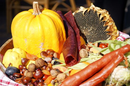 Closeup of autumn vegetables and fruits