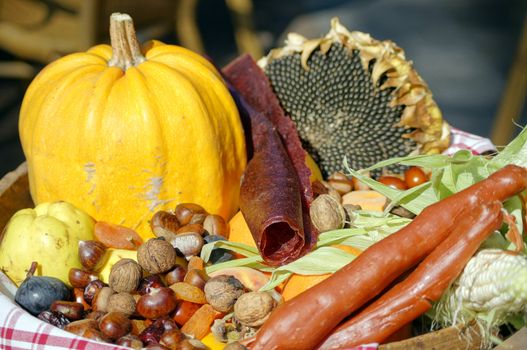 Closeup of autumn vegetables and fruits