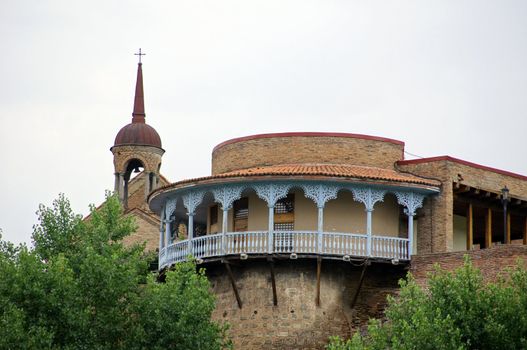 Famous blue wooden carving balcony of last georgian queen palace - Darejan, Tbilisi, Republic of Georgia