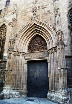 Details of facade of main Cathedral of Barcelona in Old Town