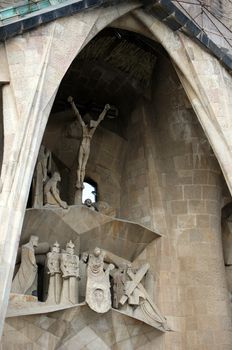 Facade of Sagrada Familia cathedral in Barcelona, Spain