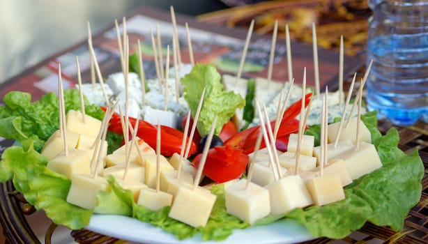 Different cheese sorts and vegetables on the plate