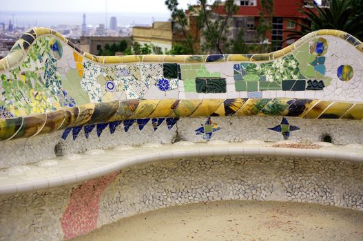 Ceramic bench in the most famous park of Barcelona - Park Guell           