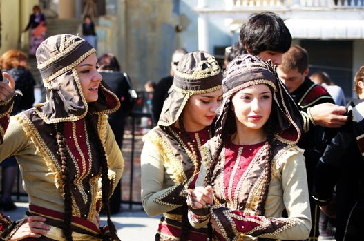 TBILISI, GEORGIA - OCTOBER 9: Participants of Georgian Folk Autumn Festival - Tbilisoba, in adjarian traditional costume dancing Ajaruli dance, October 9, 2011 in Tbilisi, Georgia.