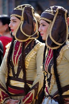 TBILISI, GEORGIA - OCTOBER 9: Participants of Georgian Folk Autumn Festival - Tbilisoba, in adjarian traditional costume dancing Ajaruli dance, October 9, 2011 in Tbilisi, Georgia.