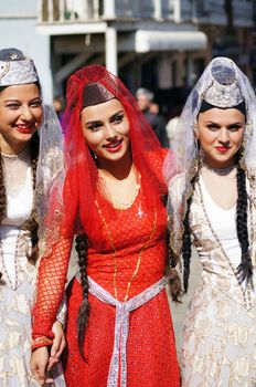 TBILISI, GEORGIA - OCTOBER 9: Participants of Georgian Folk Autumn Festival - Tbilisoba, in adjarian traditional costume dancing Ajaruli dance, October 9, 2011 in Tbilisi, Georgia.