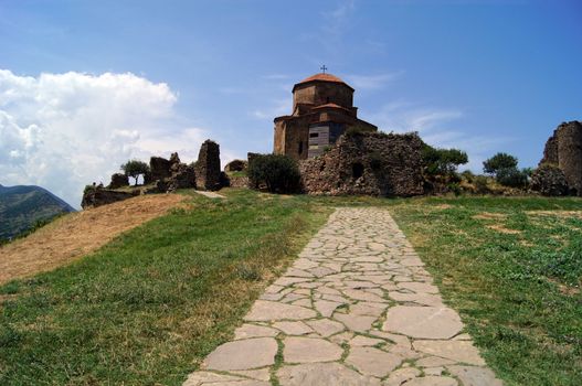 Exterior of ruins of Jvari, which is a Georgian Orthodox monastery of the 6th century near Mtskheta (World Heritage site) - the most famous symbol of georgiam christianity