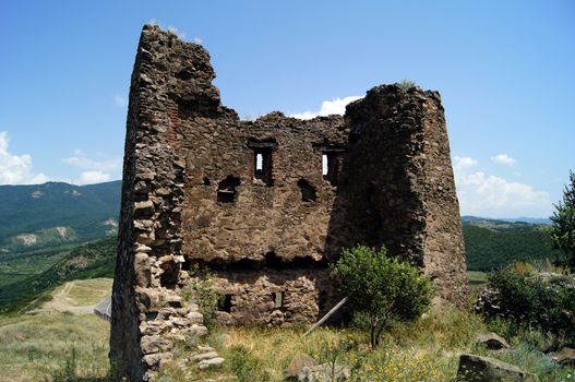 Exterior of ruins of Jvari, which is a Georgian Orthodox monastery of the 6th century near Mtskheta (World Heritage site) - the most famous symbol of georgiam christianity