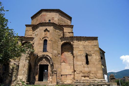 Exterior of ruins of Jvari, which is a Georgian Orthodox monastery of the 6th century near Mtskheta (World Heritage site) - the most famous symbol of georgiam christianity