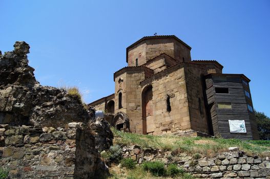 Exterior of ruins of Jvari, which is a Georgian Orthodox monastery of the 6th century near Mtskheta (World Heritage site) - the most famous symbol of georgiam christianity