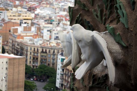 Details of towers decor of sagrada familia cathedral in barcelona, spain               