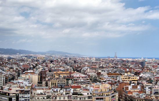 Panoramic view from Sagrada Familia towers to Barcelona city, Spain