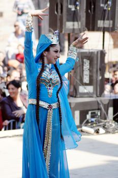 TBILISI, GEORGIA - OCTOBER 9: Participants of Georgian Folk Autumn Festival - Tbilisoba, in adjarian traditional costume dancing Ajaruli dance, October 9, 2011 in Tbilisi, Georgia.